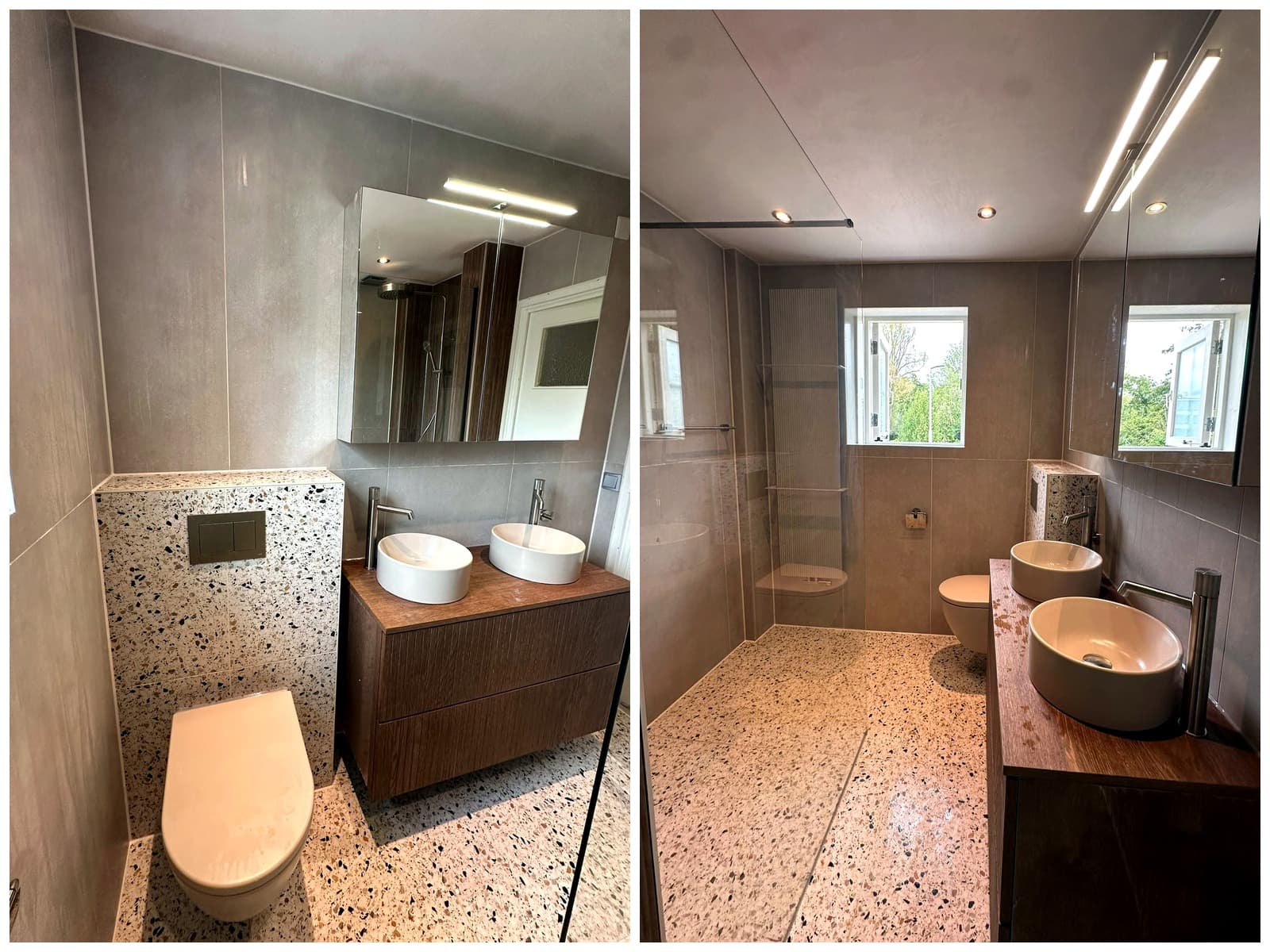 Badkamer met terrazzovloer, dubbele waskommen en een hangend toilet