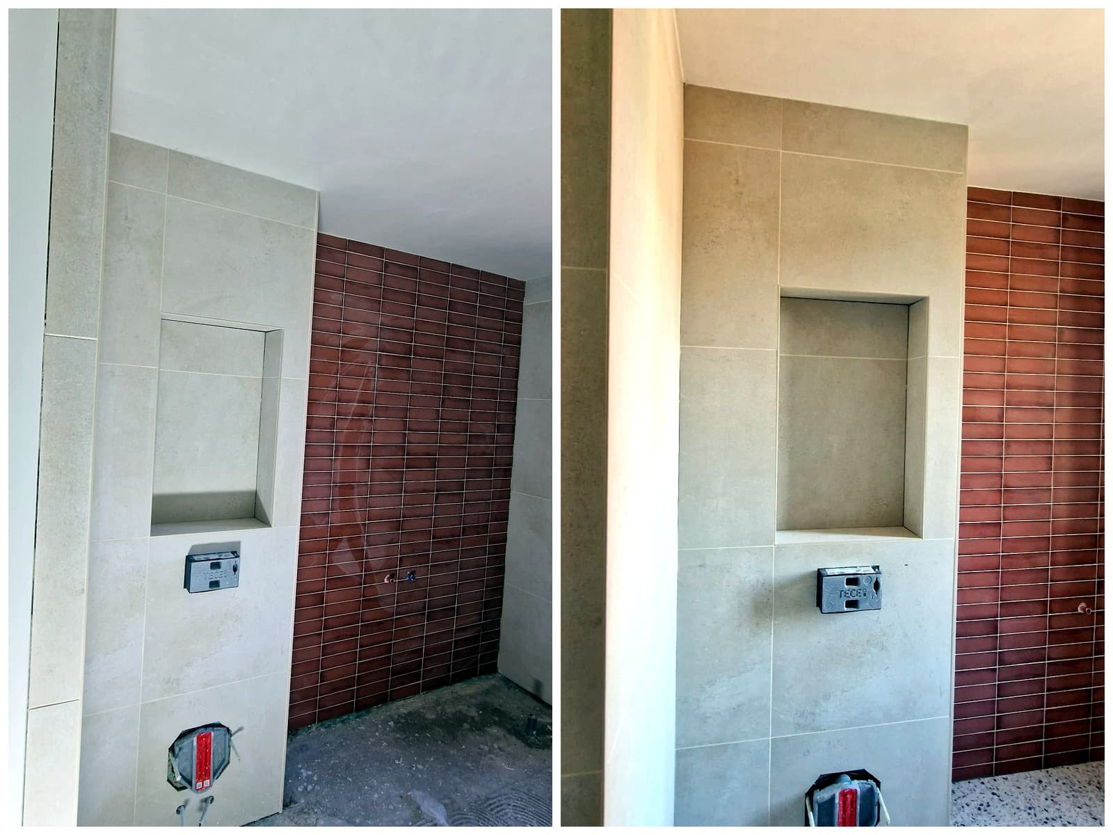 Betegelde wand met ingebouwde nis, inbouwreservoir en roodbruine strooktegels